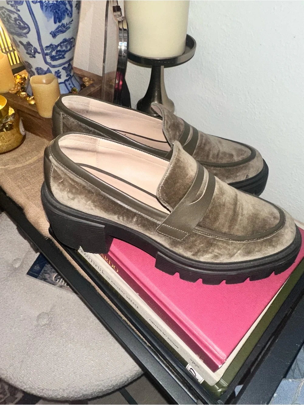 Stuart Weitzman Soho Olive Velvet Lug Sole Loafers